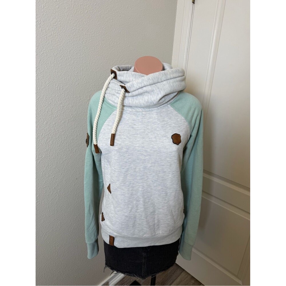 Naketano Cozy Light Gray and Mint Raglan Cowl-Neck Sweatshirt Hoodie Sz M